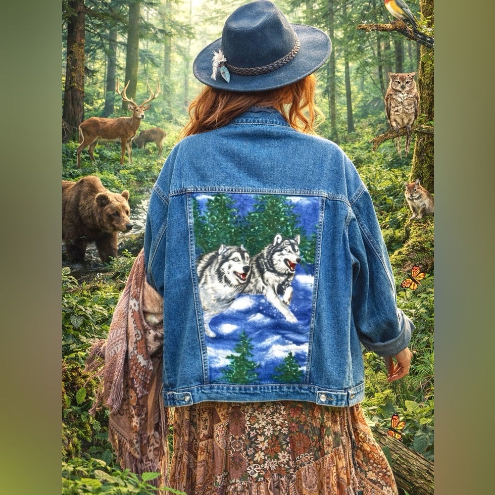 Rare WOLF wildlife jean boho jacket w southwestern country vibe - Picture 2 of 14